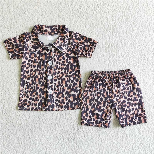 B14-25 Boys Leopard Print Short Sleeve Shorts Set