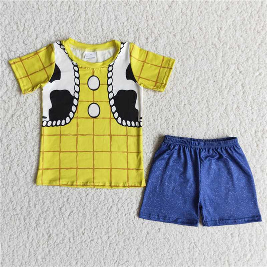 E10-30 Boys Cow Spotted Yellow Plaid Short Sleeve Shorts Set