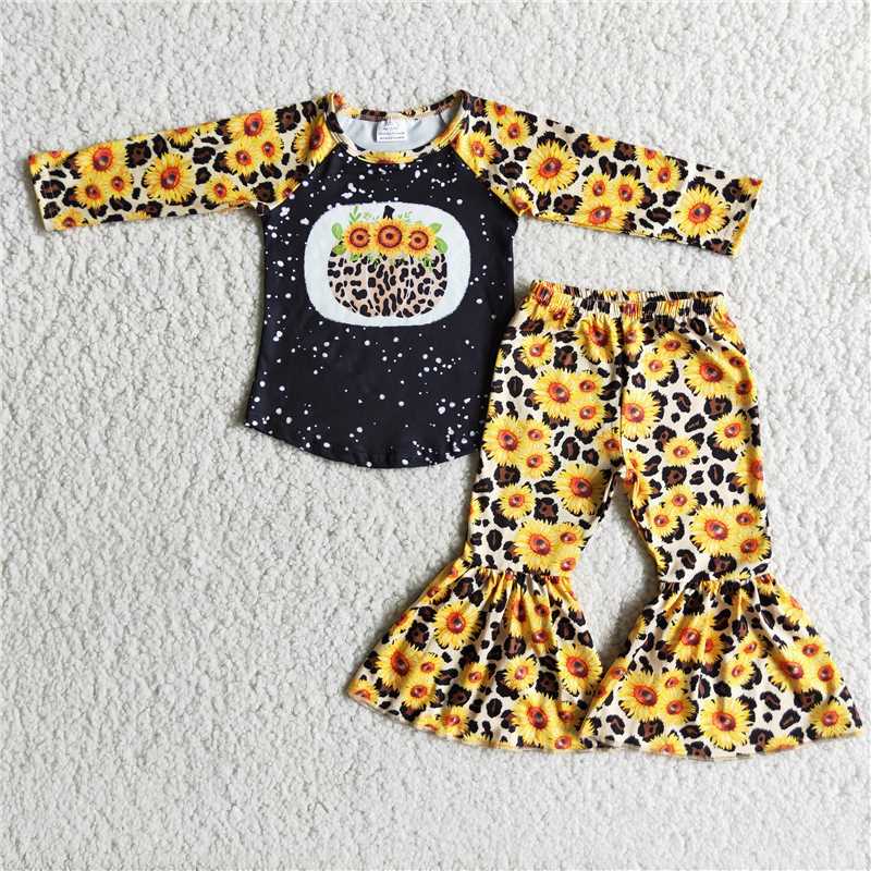 6 A10-19 Baby girls Leopard Pumpkin Sunflower Long Sleeve Pants Set