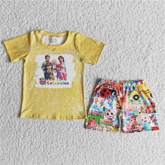 E13-3 baby boys cartoon yellow short-sleeved shorts suit