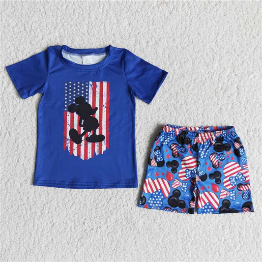B1-13 Boys  4th of July Star Blue Short Sleeve Shorts Set