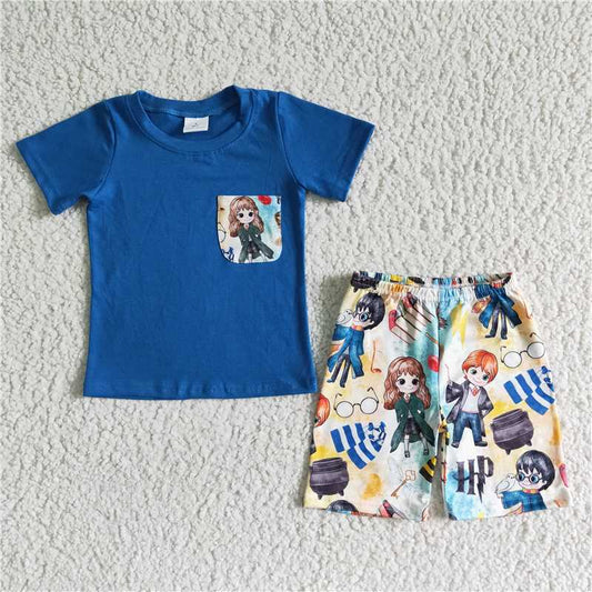 BSSO0048 Cartoon Blue Pocket Short Sleeve Suit