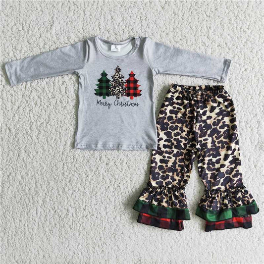 6 C6-38 Christmas Three Trees Grey Top + Leopard Pants Set