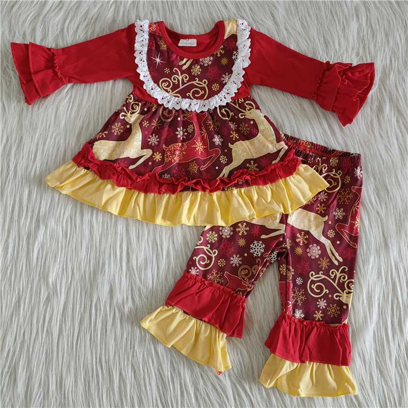 6 A22-30 Christmas Elk Red Gold Trim Set