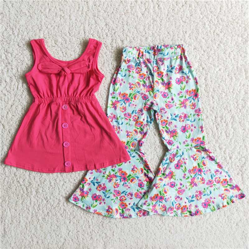 A18-11 Rose Red Double Shoulder Top Flower Swing Pants