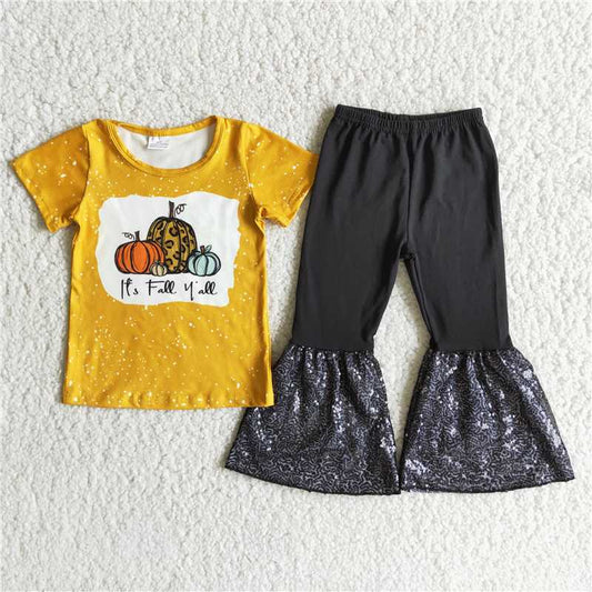 A2-12 Pumpkin Yellow Short Sleeve Top Black Sequin Pants set D 927