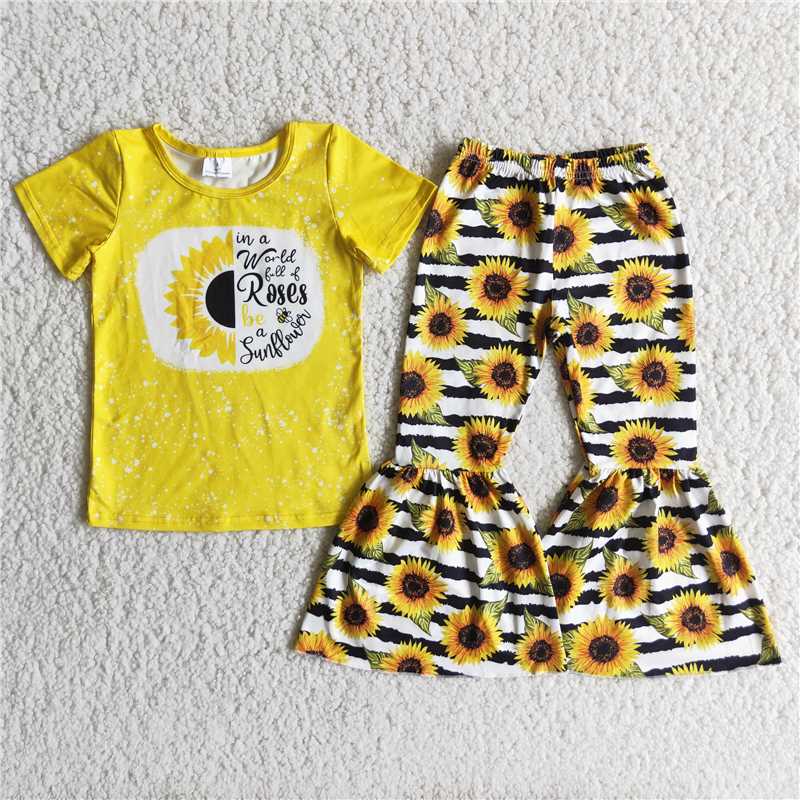 C12-12 Yellow Sunflower Short Sleeve Sunflower Stripe Flared Pants