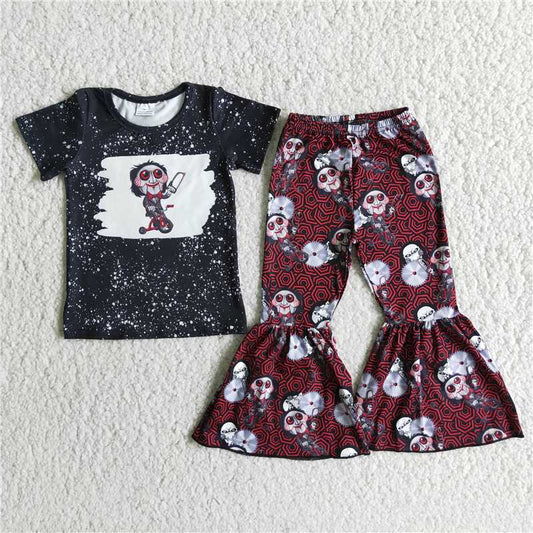 E2-17 Halloween Black Short Sleeve Brown Flared Pants Set