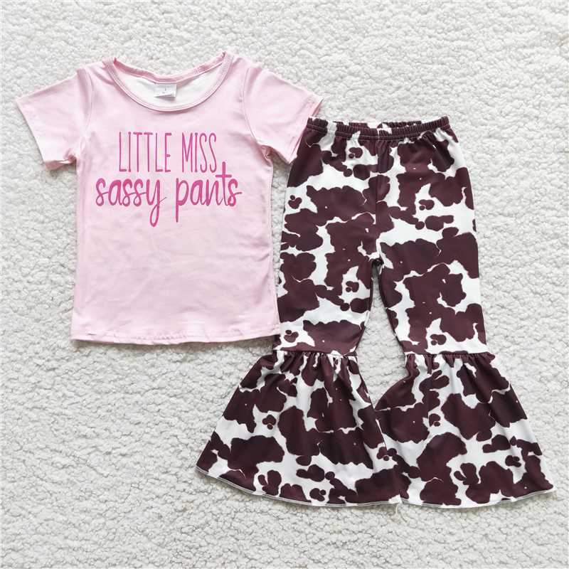 D10-1 Pink Lettering Short Sleeve Cow Flare Pants Set