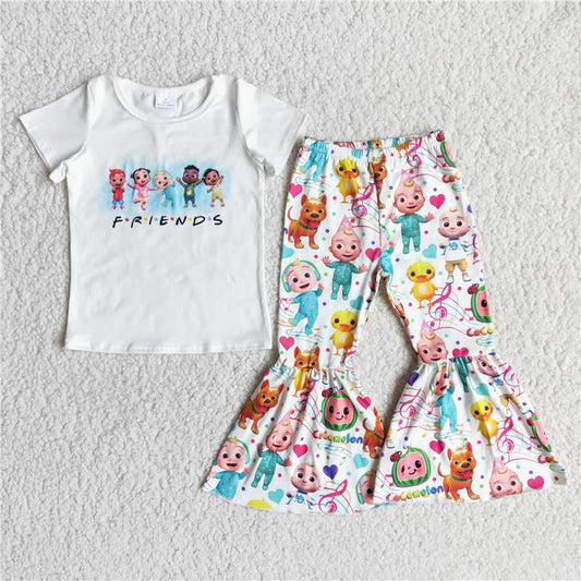 E13-4   Cartoon White Short Sleeve Flared Pants Suit