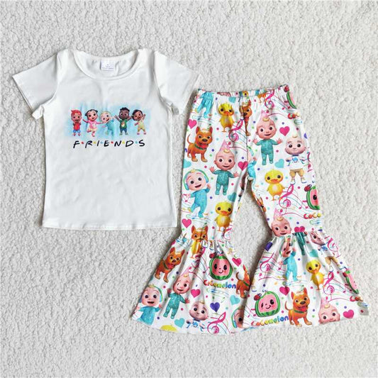 E13-4 Cartoon White Short Sleeve Flared Pants Suit