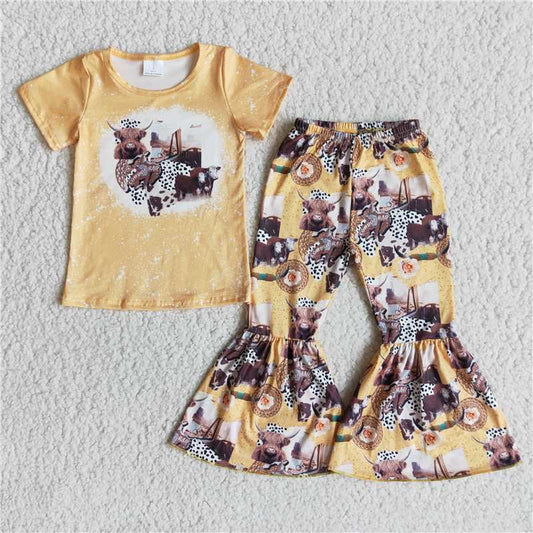 E13-17 Yellow Short Sleeve Top Bull Head Flared Pants Set