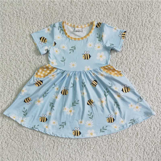 GSD0021 Blue Bee Floral Pocket Short Sleeve Dress