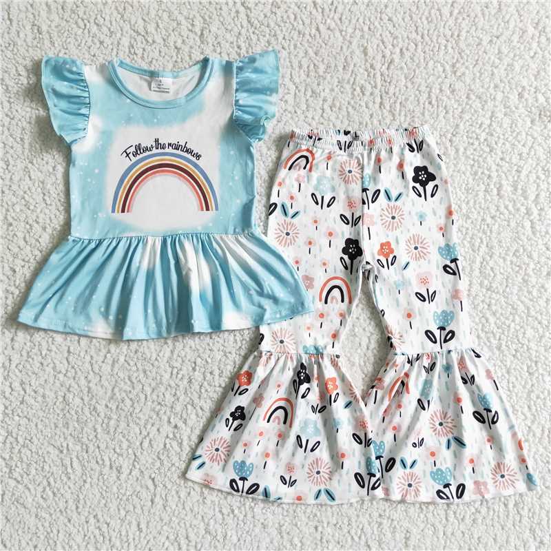 GSPO0063 Girls Blue Rainbow Flying Sleeve Flower Pants Set