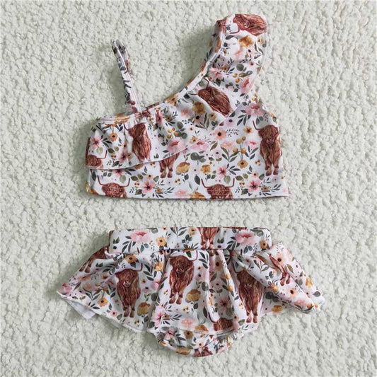 S0017 Girls Cow Pollen Suspender Shorts Swimsuit Set