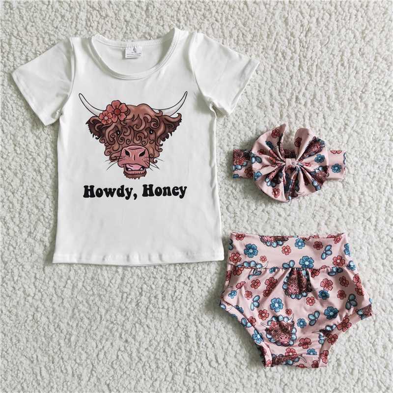 GGBO0010 Girls Flower Bull Head White Short Sleeve Briefs Suit with bow