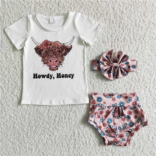 GGBO0010 Girls Flower Bull Head White Short Sleeve Briefs Suit with bow