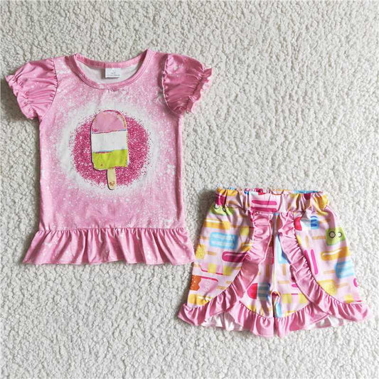 C10-26 Girls Pink Short Sleeve Ice Cream Shorts Set