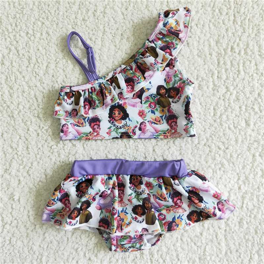 S0014 Purple Sloping Shoulder Two Piece Ladies Swimsuit