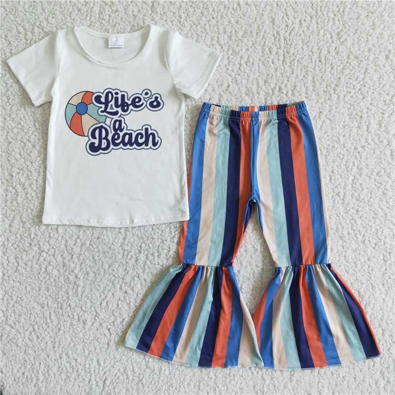 GSPO0061 Girls White Short Sleeve Stripes Set