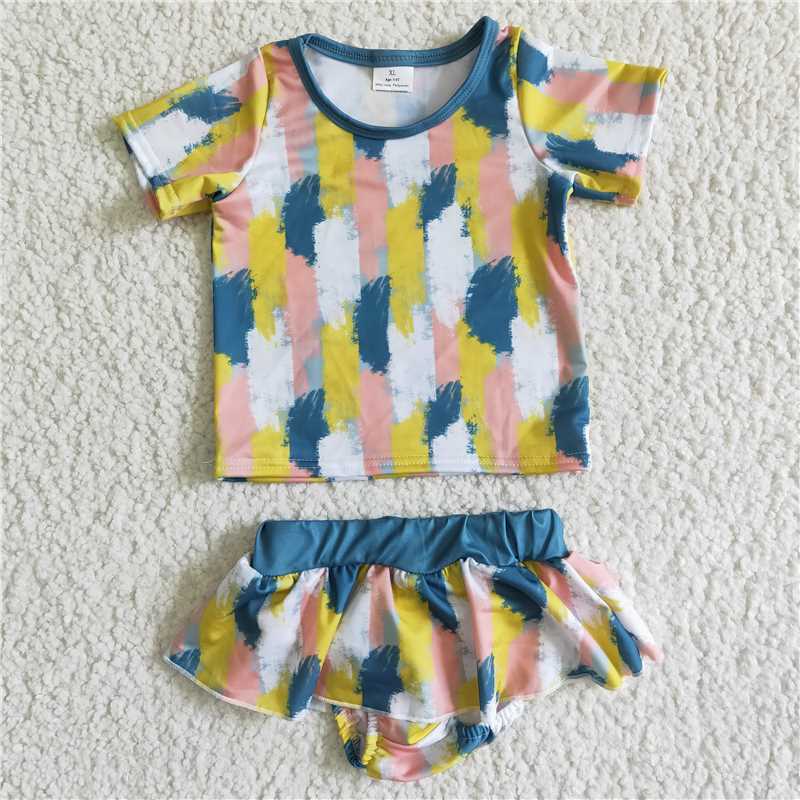 S0018 Color Yellow White Pink Blue Short Sleeve Shorts Swimsuit Suit
