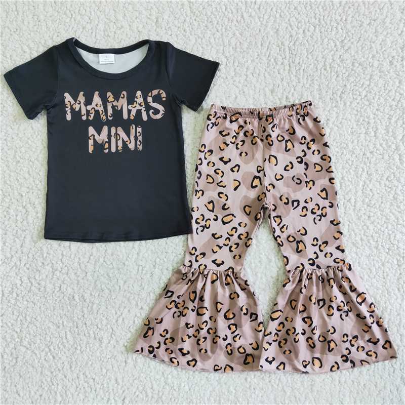 GSPO0038 Black Lettering Short Sleeve Brown Leopard Pants Set