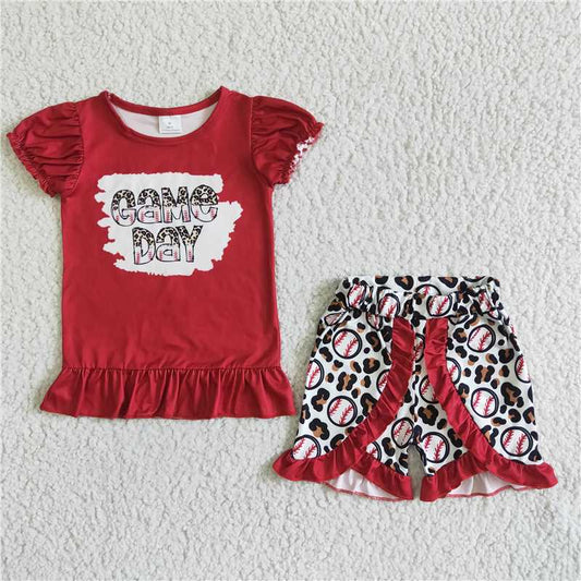 GSSO0057 Girls Red Short Sleeve Baseball Leopard Short