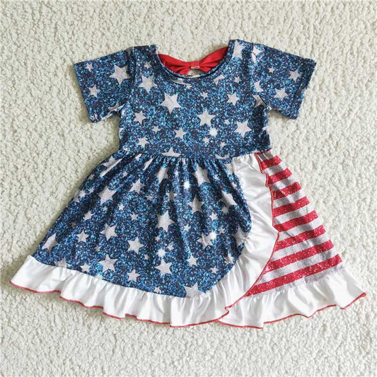GSD0033 Girls Blue White Stars Red Pastel Stripe Sequin Short Sleeve Skirt