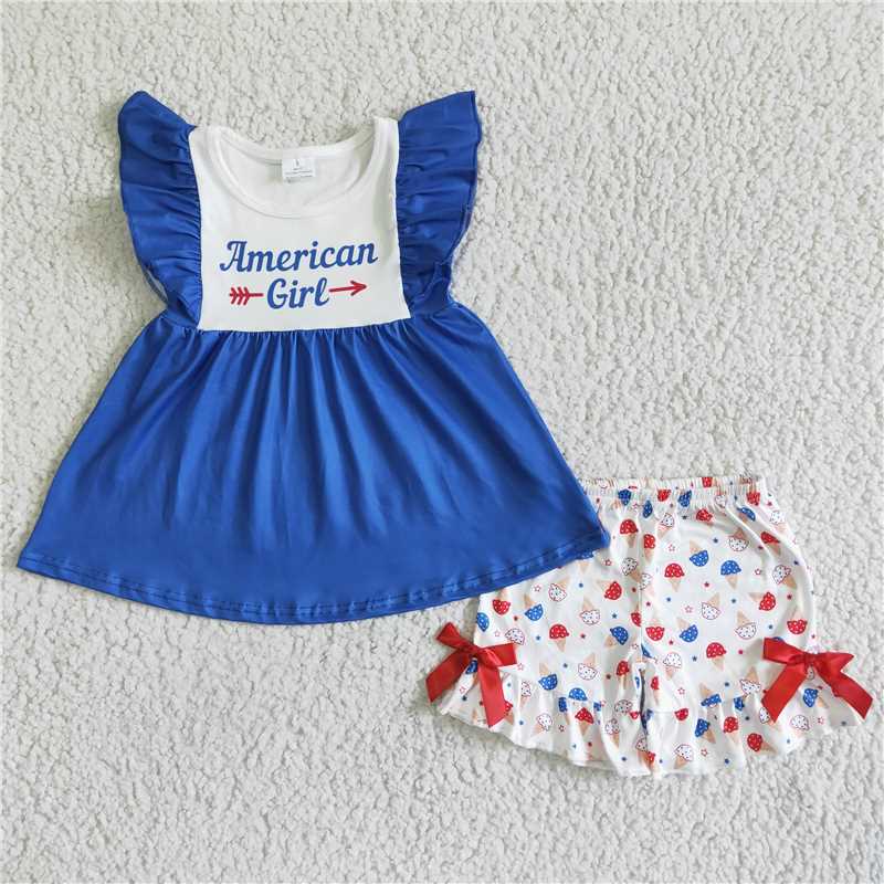 GSSO0042 4th of July Blue Flying Sleeves Red Bow Shorts