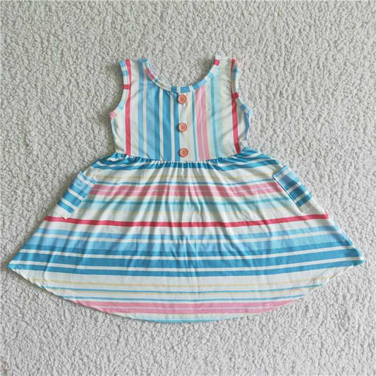 GSD0030 Colorful Striped Pocket Button Sleeveless Skirt