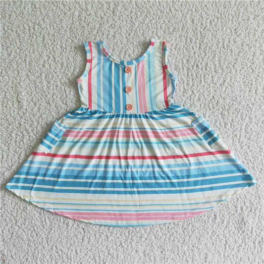 GSD0030 Colorful Striped Pocket Button Sleeveless Skirt