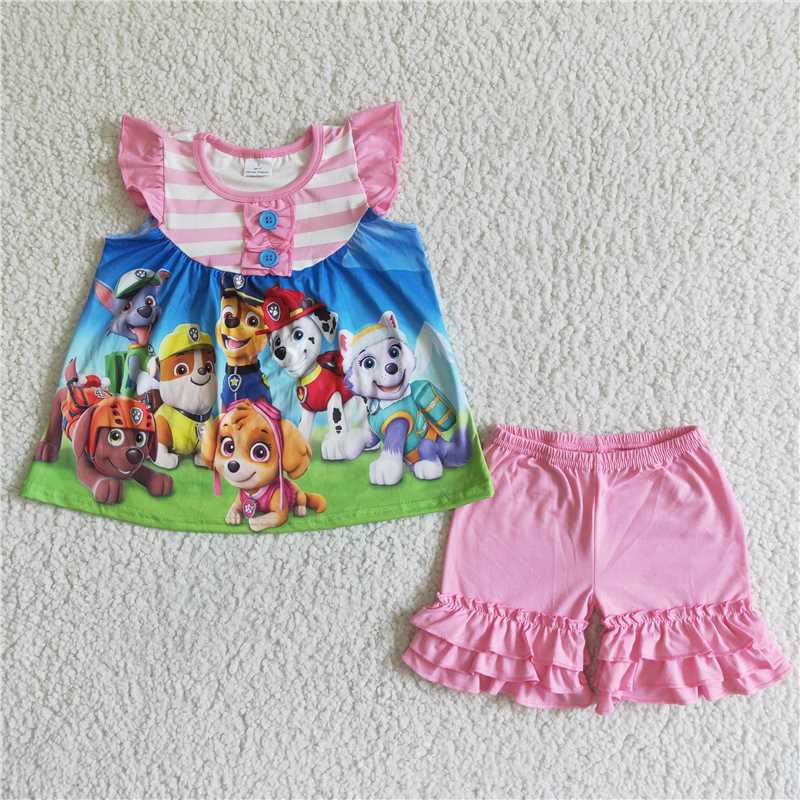 GSSO0010 Cute Puppy Pink Striped Flying Sleeve Top Shorts Set