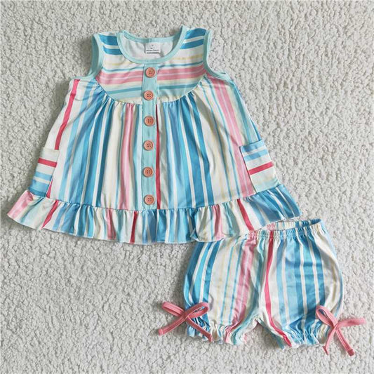 GSSO0045 Girls Sleeveless Colorful Striped Pocket Button Bow Short