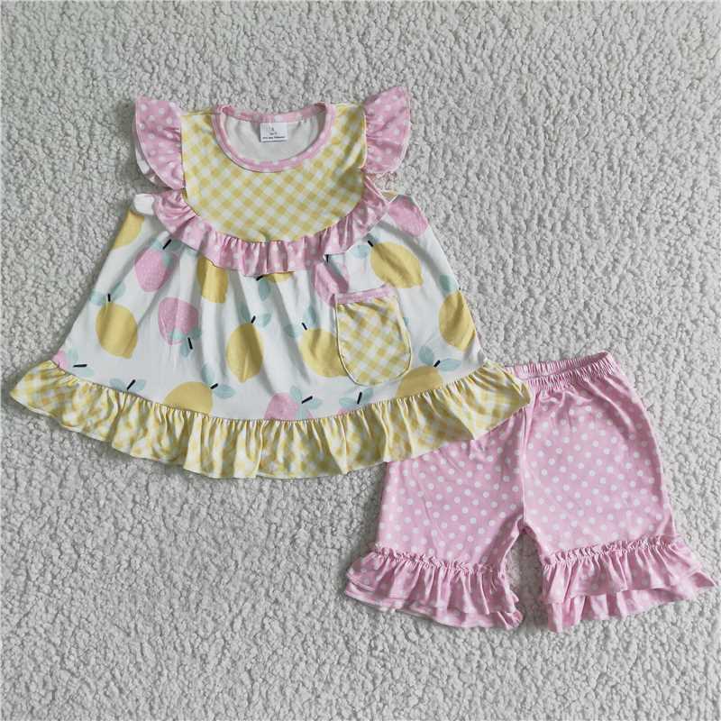 GSSO0073 Girls Yellow Lemon Strawberry Fly Sleeve Top Pink Lace