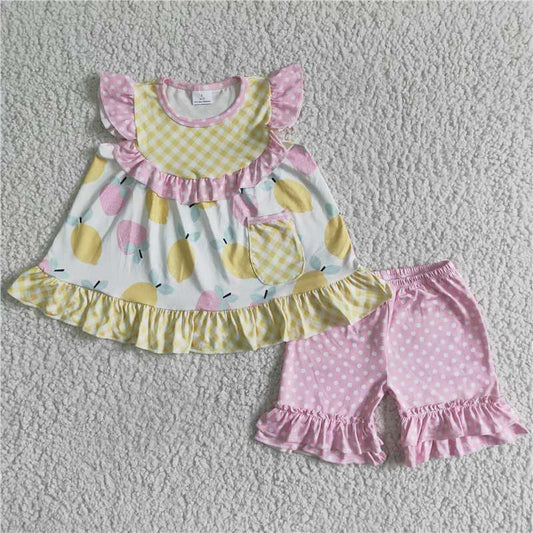 GSSO0073 Girls Yellow Lemon Strawberry Fly Sleeve Top Pink Lace