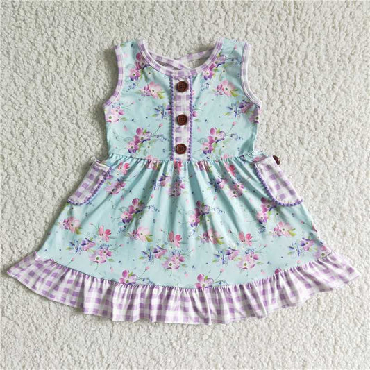 GSD0051 Girls Sleeveless Purple Plaid Pocket Button Flowers