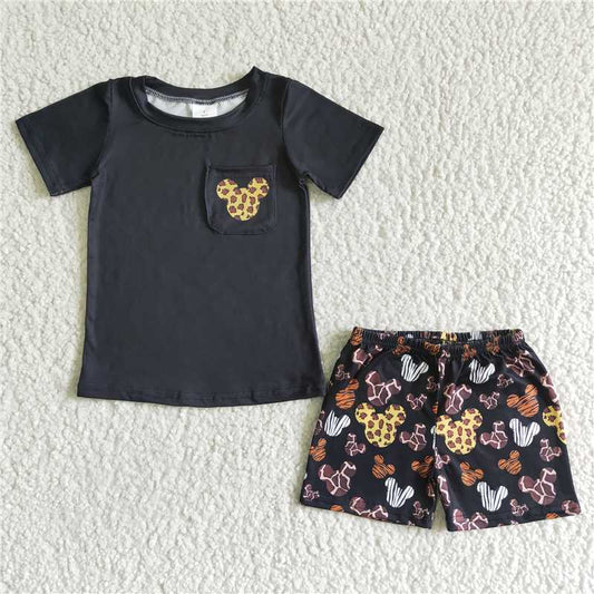 BSSO0042 Boys Black Leopard Pocket Short Sleeve Shorts Cover