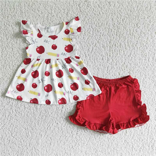 GSSO0121 Back To School Girls Apple Pencil Fly Sleeve Red Shorts Suit