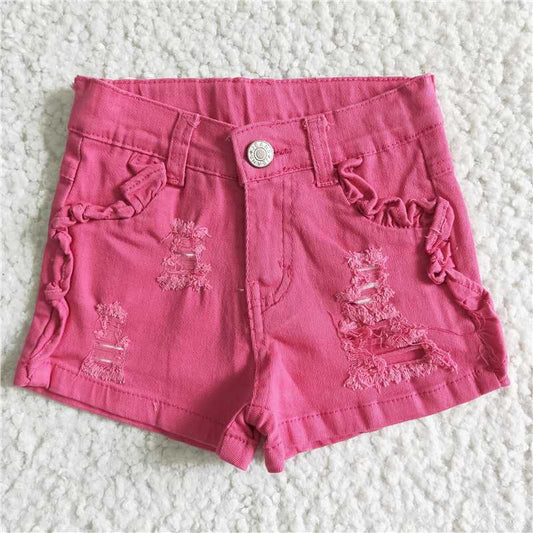SS0013 girl's denim rose red ripped shorts
