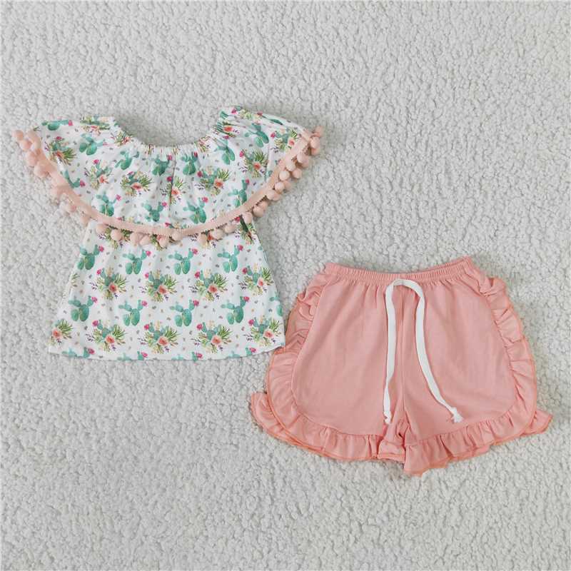 GSSO0103 Girls Cactus One Shoulder Pink Bow Shorts Suit