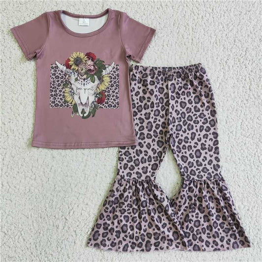 GSPO0152 Girls Bull Head Short Sleeve Leopard Print Trousers Set