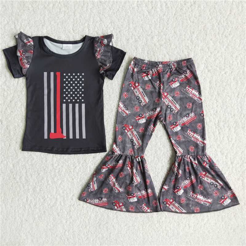 C7-24 Fire Truck Short Sleeve Grey Flared Pants Set