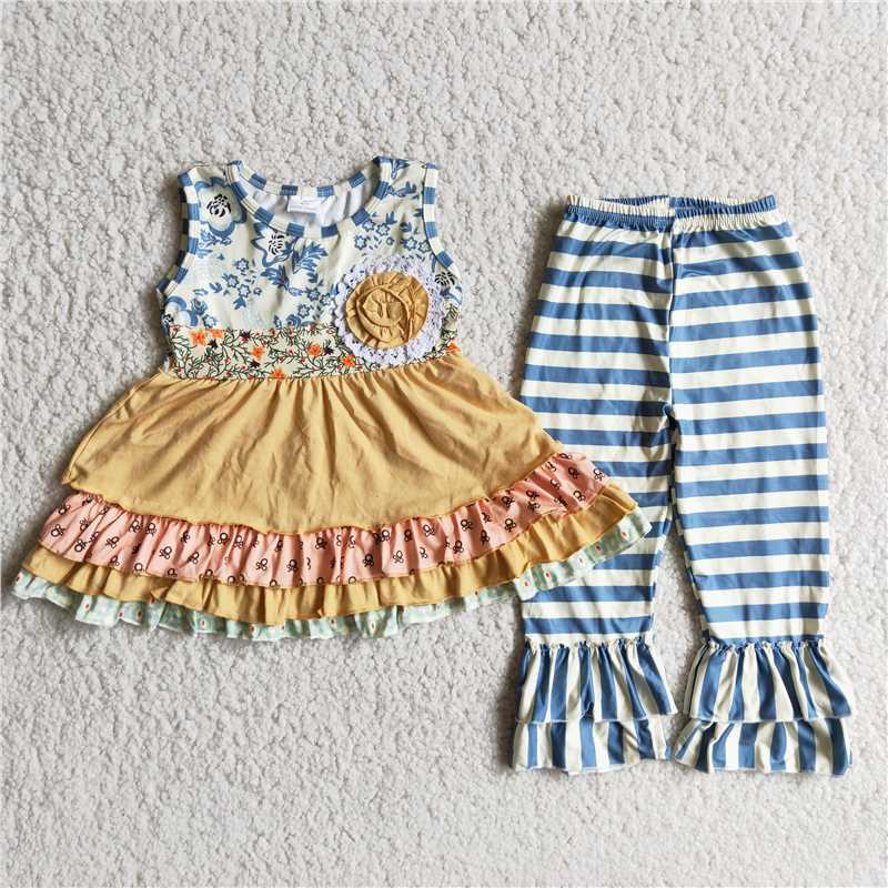 D10-27 Sleeveless Floral Belt and Striped Pant Set