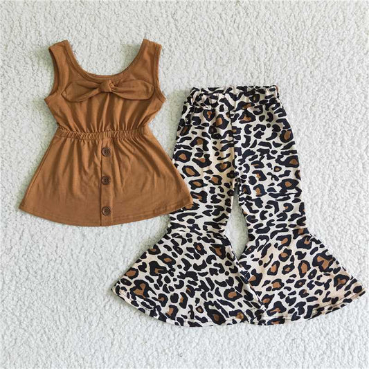 A18-3 Brown Strap Top Leopard Print Flared Pants