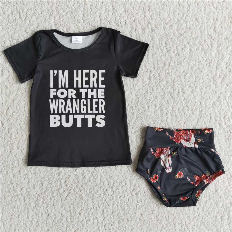 A7-8 Black Lettering Short Sleeve Top Pattern Thong
