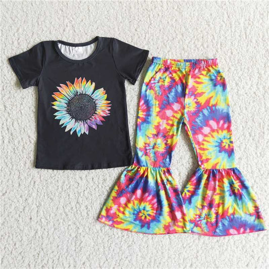 A6-24 Sunflower Black Short Sleeve Bright Flared Pants