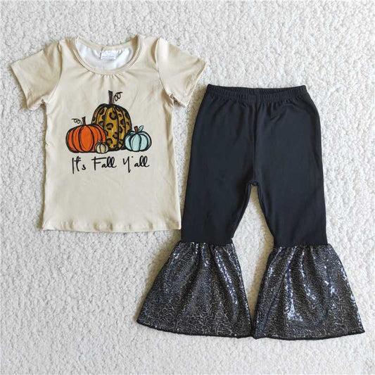 A0-11 Tricolor Pumpkin Short Sleeve Sequin Pants set