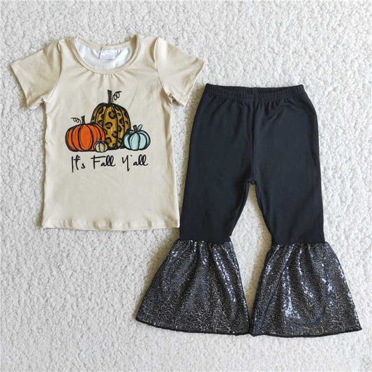 A0-11 Tricolor Pumpkin Short Sleeve Sequin Pants set D 930