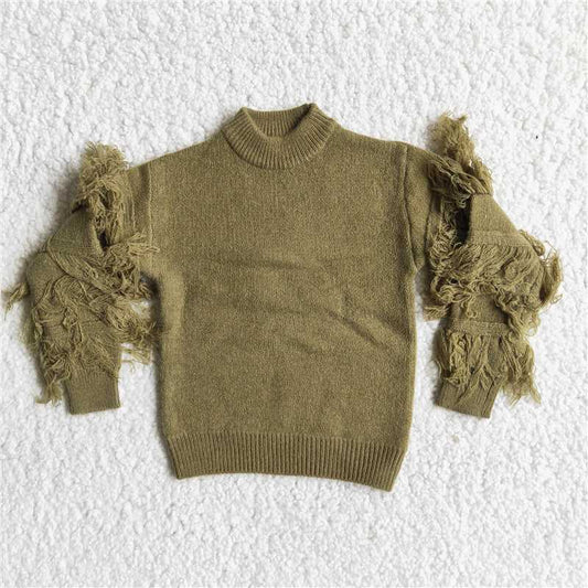 6 B11-40 army green fringed sweater