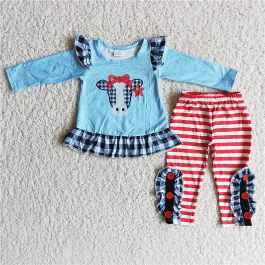 6 B7-22 Bow Bull Head Blue Long Sleeve Red Striped Pants Suit